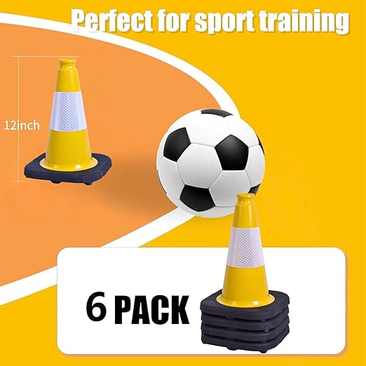 BESEA 6Pack 12 Inch Yellow Traffic Cones with 4 Inch Reflective Collar, Heavy Duty PVC Safety Cones with 8.5 x 8.5 Inch Base for Parking, Driving Practice, Sports Training, and Construction