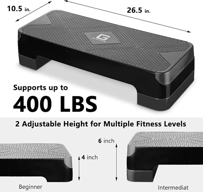 Adjustable Workout Aerobic Stepper, Aerobic Exercise Step Platform with 2 Risers, Exercise Step Deck for Fitness, 26.5" Trainer Stepper with Non-Slip Surface Home Gym & Extra Risers Options