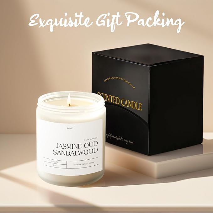 Jasmine, Oud & Sandalwood Scented Candles for Home, Natural Soy Wax Aromatherapy Non Toxic Candle Gifts for Women Men, Home Fragrance Decoration Glass Jar Candle for Relaxation (9oz White