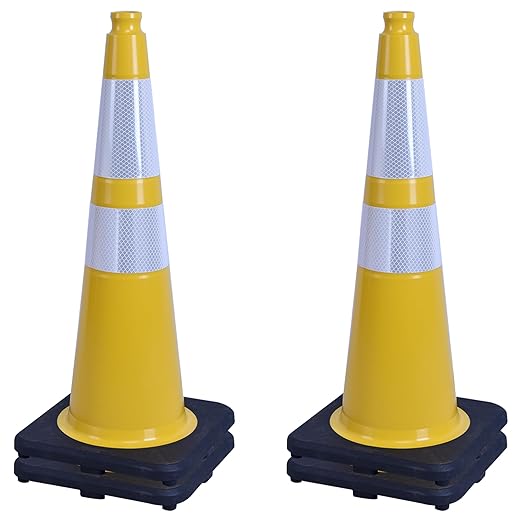 OrangeStar 4-Pack 28" Traffic Cones, Yellow Safety Cones with Reflective Collars, Heavy Duty Base for Construction, Parking Lot, Road Work, Flexible PVC, Indoor & Outdoor Use