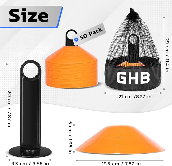 GHB Soccer Cones 25/50/100 Pack Disc Soccer Sport Cones Training Field Marker Agility Cones for Traffic, Basketball, Coaching, Practice Equipment Includes Cone Drills Guide