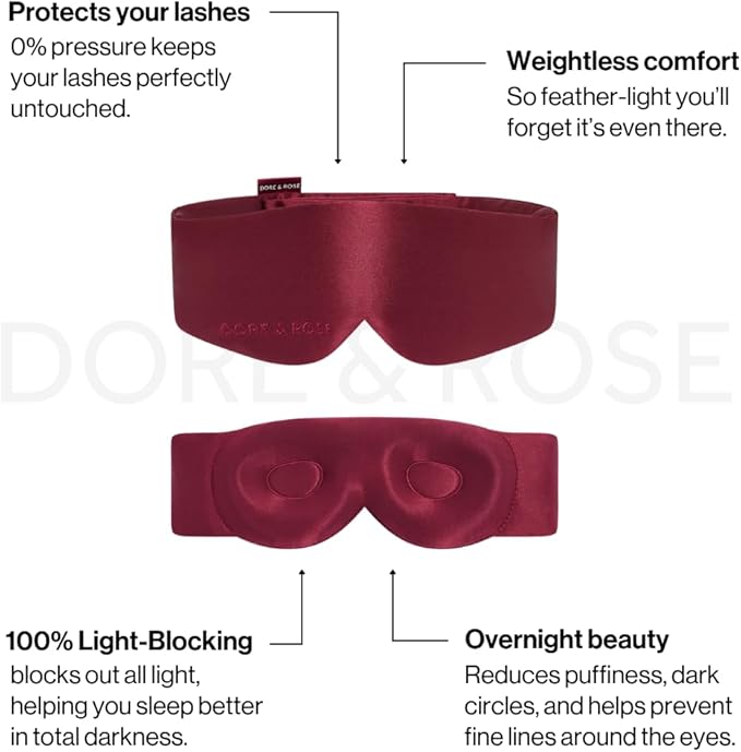 Dore & Rose Aura Sleep Mask, 100% Light Blocking Mulberry Silk Eye Mask (23 Momme), Extra Room for Lashes, Reduces Eye Bags & Dark Circles, Adjustable Travel Deep Sleep Mask for Men & Women (Burgundy)