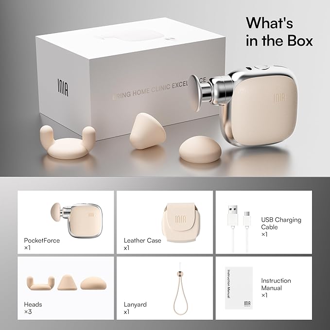 INIA PocketForce Mini Massage Gun - 75% Smaller, High-Power Percussion for Full Body Relief, Portable Deep Tissue Massager Gun with Leather Case & 3 Heads for Travel & Office Use, Gifts for Men Women