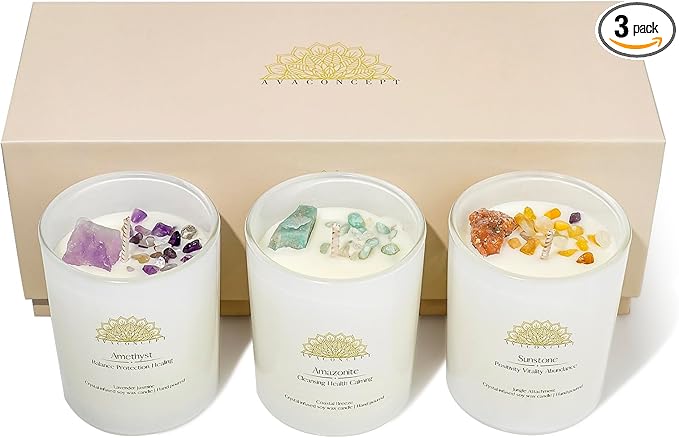 Healing Crystal Candles Gift Set for Women, 3 Pack Aromatherapy Soy Candles with Real Amethyst Amazonite Sunstone, Lavender Jasmine Coastal Breeze Scented Candles, Meditation Chakra Energy - 3.5oz