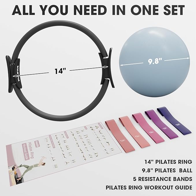 PAETA Pilates Ring Set – 14” Magic Circle (38 lbs Resistance), 9.8” Pilates Ball, 5 Resistance Bands, and Exercise Guide Included for Home Workouts