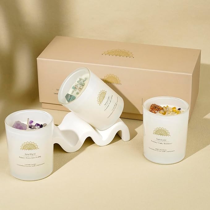 Healing Crystal Candles Gift Set for Women, 3 Pack Aromatherapy Soy Candles with Real Amethyst Amazonite Sunstone, Lavender Jasmine Coastal Breeze Scented Candles, Meditation Chakra Energy - 3.5oz
