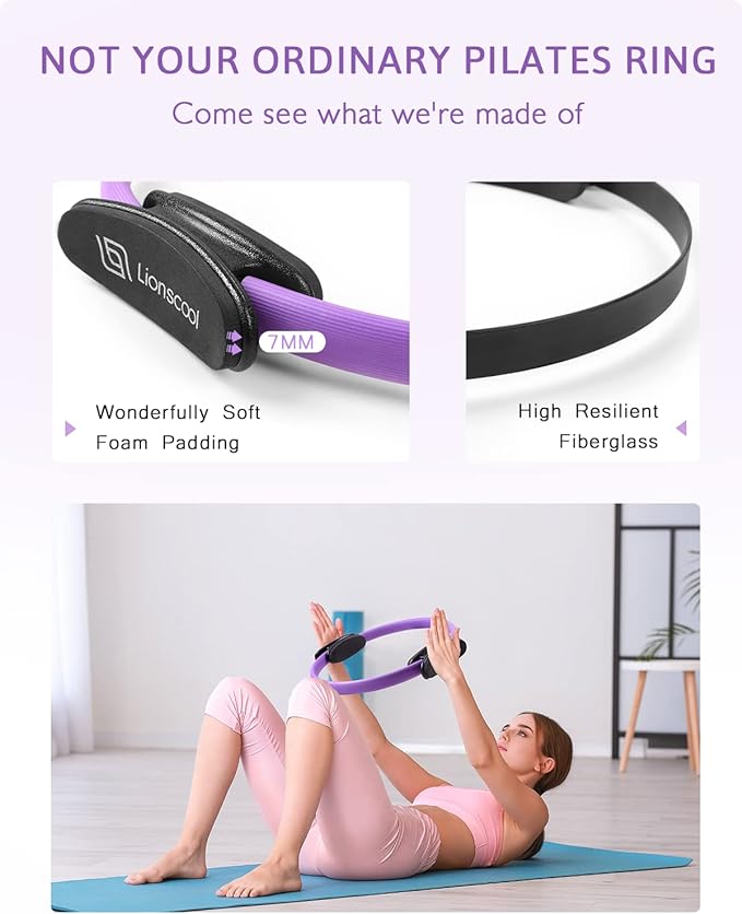 LIONSCOOL Pilates Ring Set – 14" Anti-Deformation Magic Circle with Padded Handles, Mini Ball, Resistance Bands, Guide & Bag
