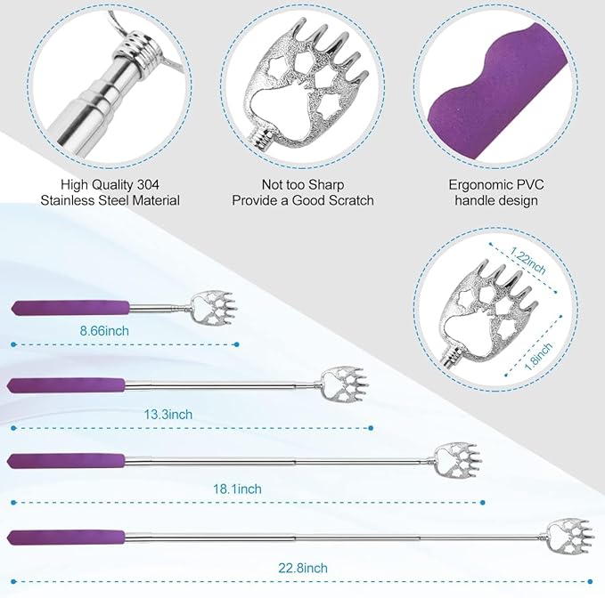 3 Pack Different Back Scratcher Metal Portable Telescoping Back scratchers with Rubber Handles, Extendable Back Massager Tool with Beautiful Box Stocking Stuffers for Men Women（Purple）