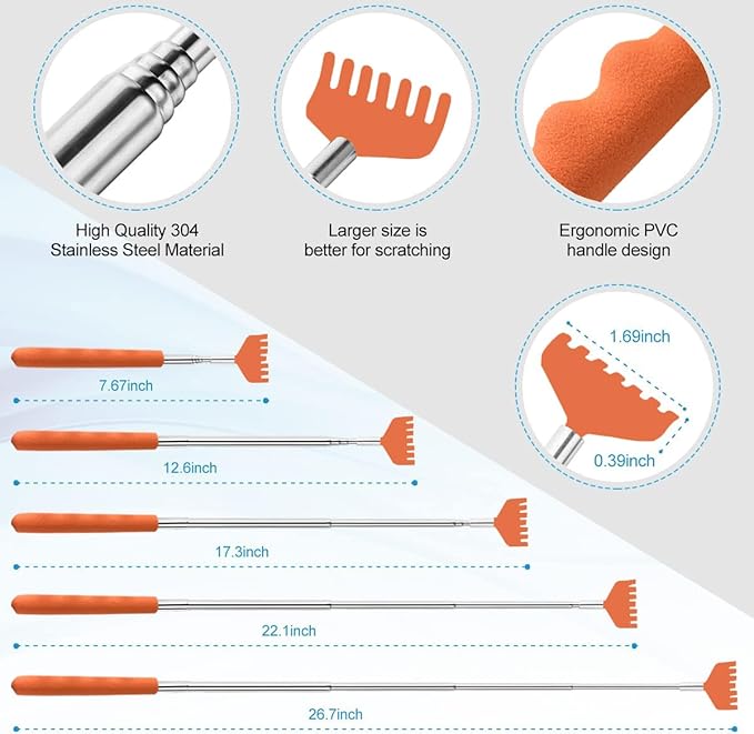 3 Pack Different Back Scratcher,Metal Portable Telescoping Back scratchers with Beautiful Box Great Stocking Stuffers for Men Women Kids Adults（Orange）