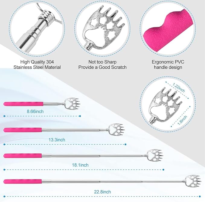 3 Pack Different Back Scratcher Metal Portable Telescoping Back scratchers with Rubber Handles, Extendable Back Massager Tool, Great Stocking Stuffers for Men Women Kids Adults（Pink）