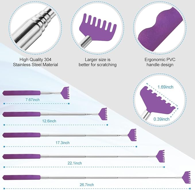 3 Pack Different Back Scratcher Metal Portable Telescoping Back scratchers with Rubber Handles, Extendable Back Massager Tool with Beautiful Box Stocking Stuffers for Men Women（Purple）