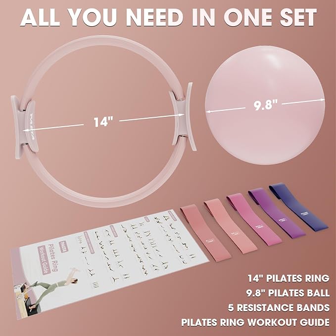 PAETA Pilates Ring Set – 14” Magic Circle (38 lbs Resistance), 9.8” Pilates Ball, 5 Resistance Bands, and Exercise Guide Included for Home Workouts