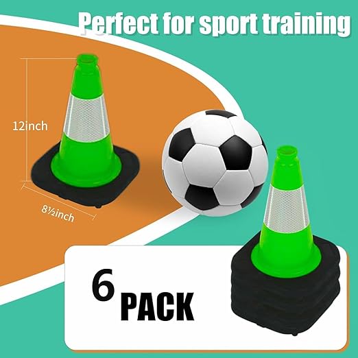 BESEA 6Pack 12" inch Traffic Cones Green Safety Cones PVC Construction Cones with 6 inch Reflective Collar for Home Driveway Road Parking Use(6Cones)