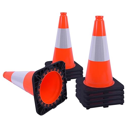 8 Pack 18" inch Fluorescent Orange PVC Traffic Safety Cones with Reflective Collars and Heavy Duty Rubber Base, Durable Cones for Parking, Construction, Roadwork and Driving Practice