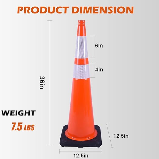 6 Pack 36" Orange Traffic Safety Cones with Reflective Collars- Durable PVC Cones with Weighted Black Base for Driveways, Work Zones & Event Control