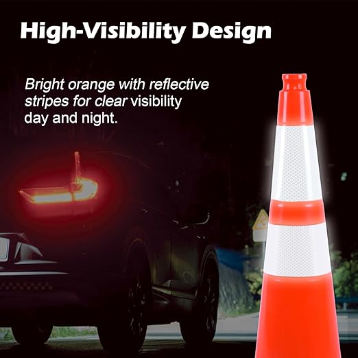 4 Pack 28" inch Orange PVC Traffic Safety Cones with Reflective Collars and Heavy Duty Black Rubber Base, Durable Cones for Parking Lots, Roadwork, Driveways and Event Use