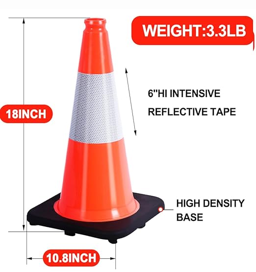 (6 Pack) BESEA 18" inch Traffic Cones Orange Safety Cones with 6 inch Reflective Collar for Home Driveway Road Parking Use(6 Cones)