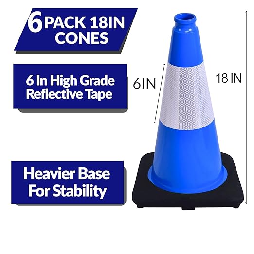 BESEA 6Pack 18 Inch Blue Traffic Cones with 6 Inch Reflective Collar, Heavy Duty PVC Safety Cones with 10.5 x 10.5 Inch Base for Parking, Driving Practice, Sports Training, and Construction