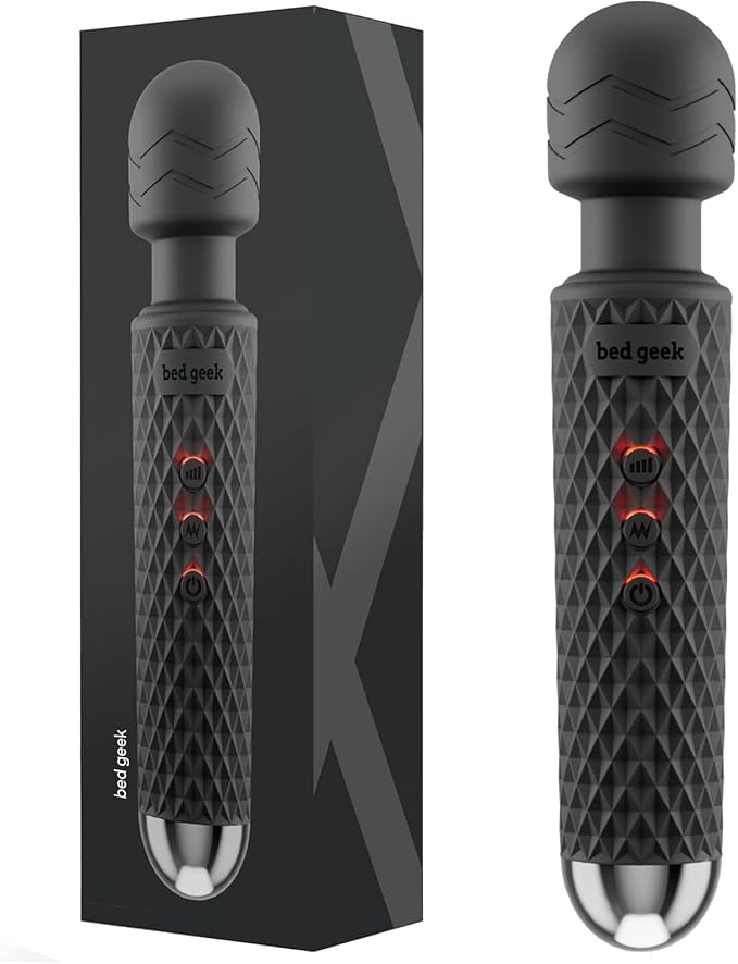 bed geek Handheld Cordless Personal Wand Massager – Waterproof, USB Rechargeable, 20 Vibration Patterns, 8 Speeds, Memory Feature, Skin-Soft Silicone for Ultimate Relaxation Tool (Black)