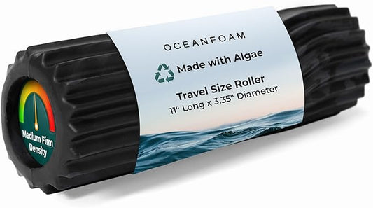 Oceanfoam Ripple Travel Foam Roller (11" x 3.35") Firm Mini Foam Roller for Physical Therapy, Deep Tissue Massage, Back Pain - High Density, Wave Textured - Yoga, Exercise (Black & Charcoal Marbled)