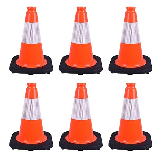 6 Pack 12" Orange PVC Safety Cones with Reflective Stripe, Black Base Stackable Training Cones for Soccer, Sports Drills, Gym, and Indoor or Outdoor Activities (Orange, 12 inch -6 Pack)