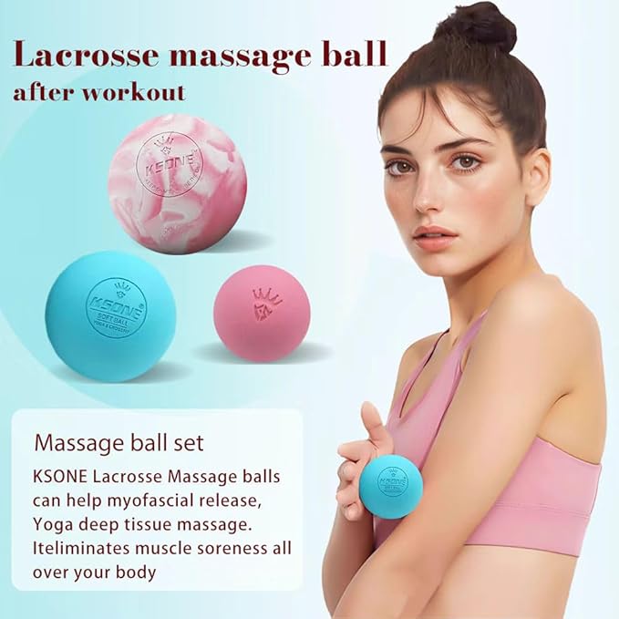 KSONE Lacrosse Massage Balls, Muscle Massage Roller Deep Tissue Balls Hard and Soft Massage Ball Set with Mini Ball and Mesh Bag. (Pink)