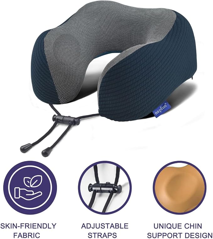 napfun Neck Pillow for Traveling, Upgraded Travel Neck Pillow for Airplane 100% Pure Memory Foam Travel Pillow for Flight Headrest Sleep, Portable Plane Accessories, Deep Blue Set, Medium (120-200LB)