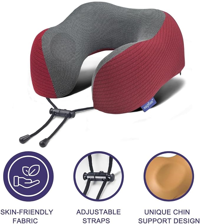 napfun Neck Pillow for Traveling, Upgraded Travel Neck Pillow for Airplane 100% Pure Memory Foam Travel Pillow for Flight Headrest Sleep, Portable Plane Accessories, Wine-Red Set, Medium (120-200LB)
