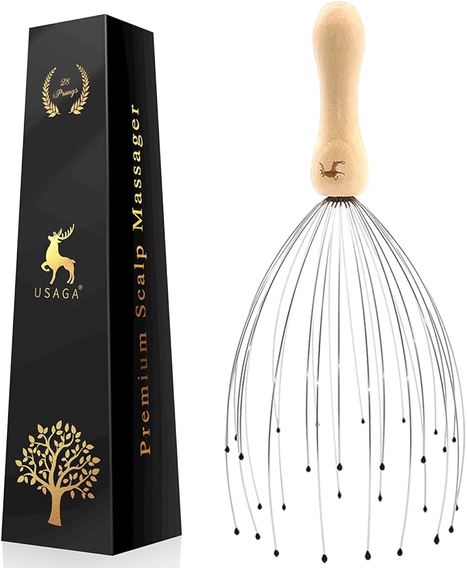 USAGA 28 Finger Head Scratcher, Head Massager, Scalp Massager, Stocking Stuffers Gift for Scalp Body Relaxing Wood Handle (1 Pack)