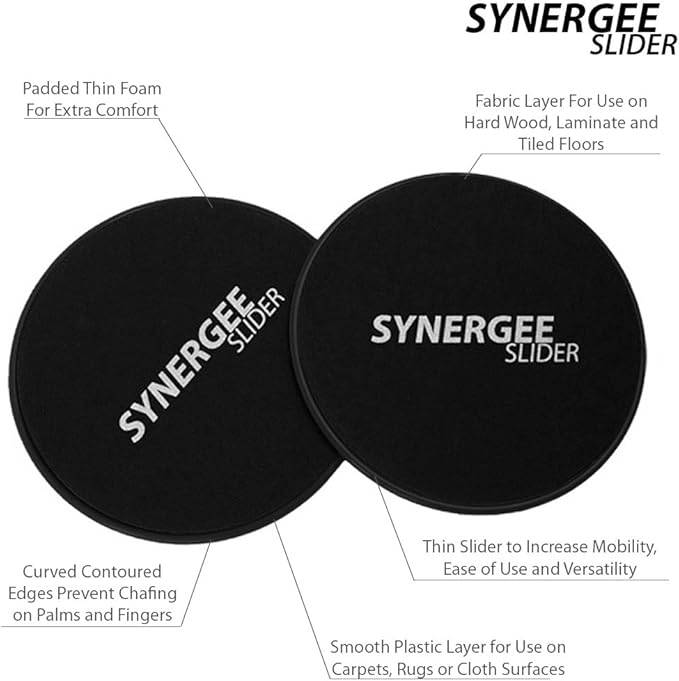 Synergee Core Sliders. Dual Sided Use on Carpet or Hardwood Floors. Abdominal Exercise Equipment