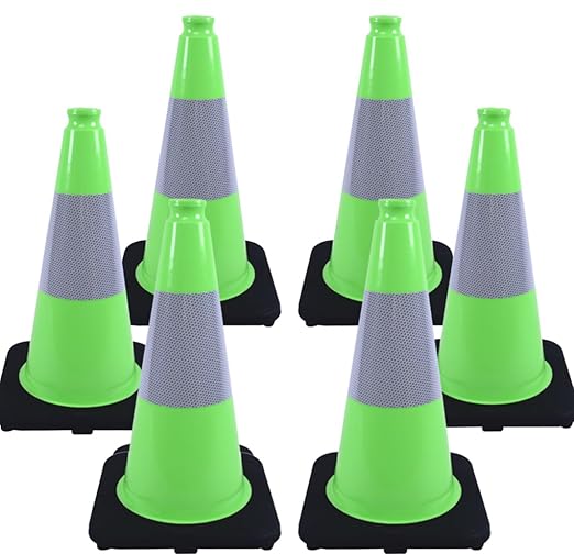 BESEA 6Pack 18" inch Traffic Cones Green Safety Cones PVC Construction Cones with 6 inch Reflective Collar for Home Driveway Road Parking Use(6 Cones)