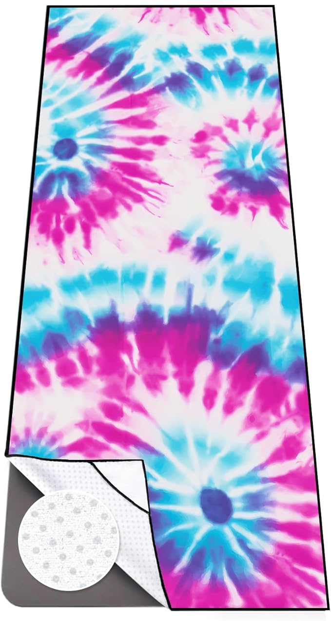 Colorful Star Large Yoga Towel with Corner Pockets, Non Slip Grip Dots Absorbent Hot Yoga Mat Towels, Yoga Blankets with Travel Bag, Mat Cover for Workout, Gym, Fitness - 74"x26", Pink Blue Tie-dye