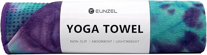 Eunzel Hot Yoga Towel - Microfiber Non Slip Yoga Mat Towel with Grip Dot Sweat Absorbent Towel for Hot Yoga, Pilates and Fitness 72" x 24", Green & Purple/Purple