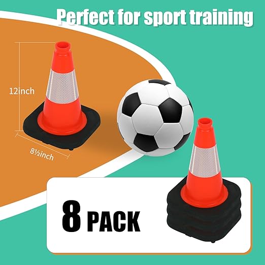 BESEA 12" inch Traffic Cones Soccer Training Cones Sport Cones Road Parking Cone with 4" Highly Reflective Collar(8 Pack)