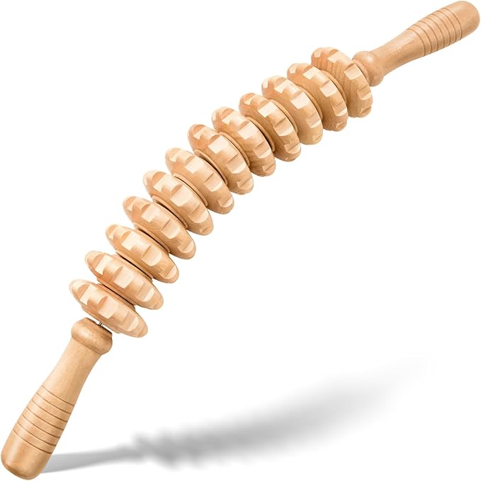 Wooden Cellulite Massage Roller for Legs and Thighs - Handheld Fascia Blaster Tool for Muscle Relief, Lymphatic Drainage & Body Sculpting - Anti Cellulite Massager for Women and Men (12 Wheel)