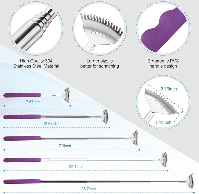 3 Pack Different Back Scratcher Metal Portable Telescoping Back scratchers with Rubber Handles, Extendable Back Massager Tool with Beautiful Box Stocking Stuffers for Men Women（Purple）