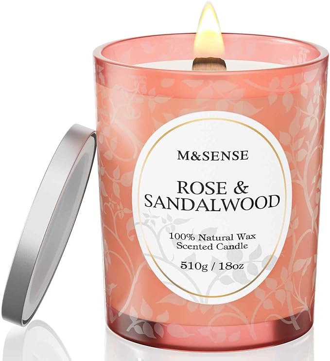 M&SENSE Rose Sandalwood Scented Candle, Cracking Wooden Wick Soy Wax, 18oz 100 Hours Long Lasting Clean Burn, Large Jar Candles for Home Decor, Non-Toxic Relaxing Aromatherapy Gifts for Women