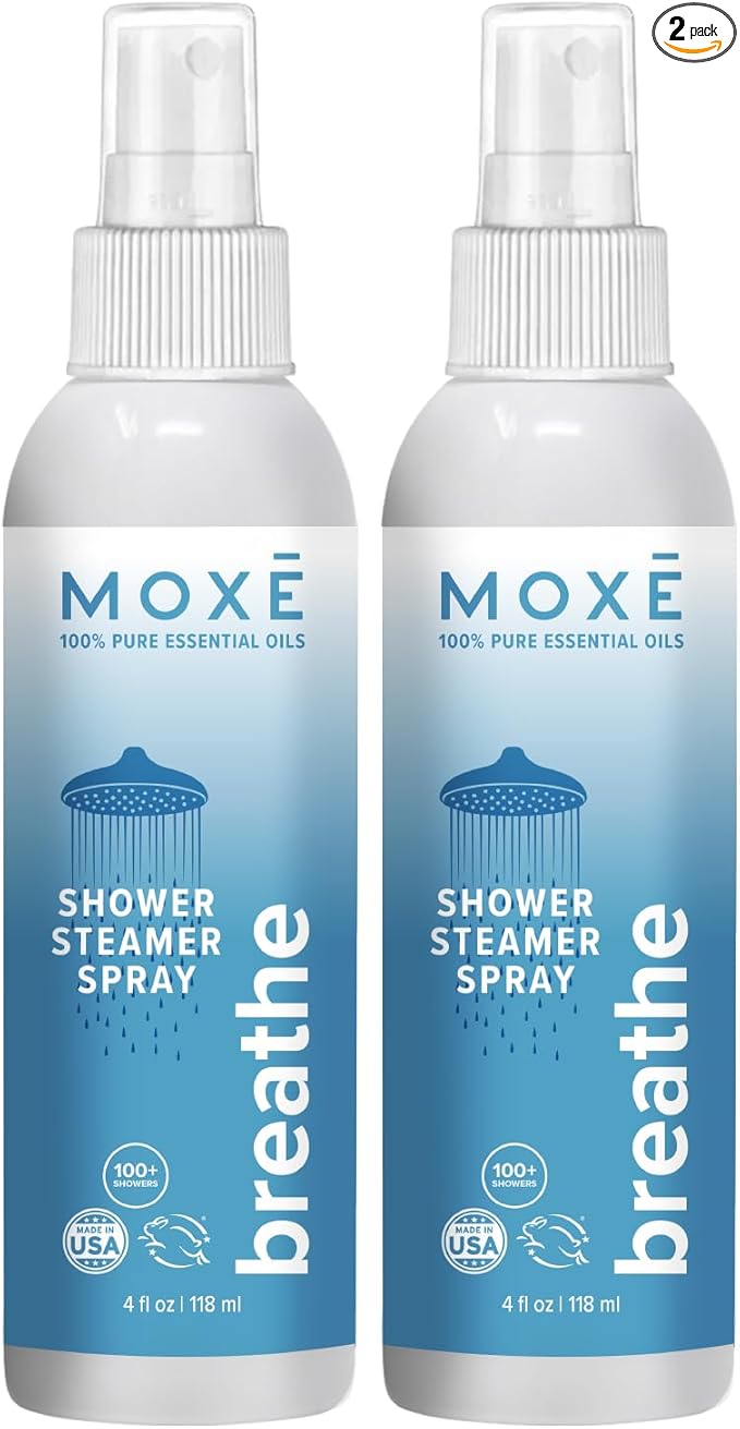 MOXE Shower Mist, Spa Steam Spray, Certified Natural Essential Oils, Aromatherapy, Tension Relief (Breathe, 4 Fl Oz (Pack of 2))
