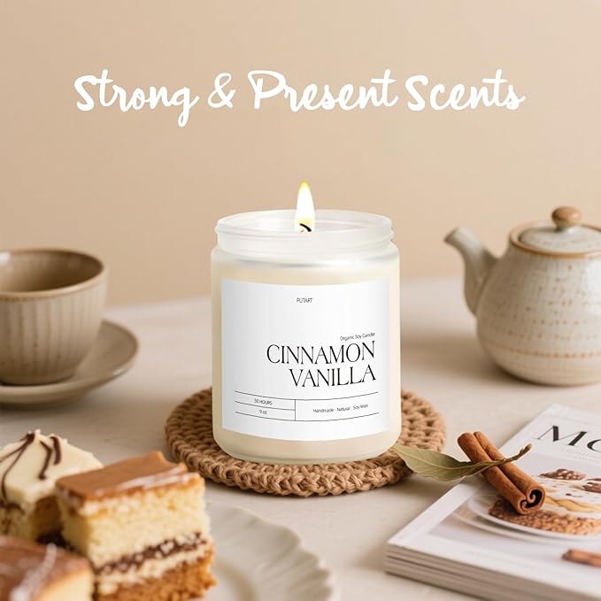 Cinnamon Vanilla Candles for Home Scented, Natural Soy Wax Aromatherapy Non Toxic Heavy Scented Candle with Essential Oil, Home Fragrance Stress Relief Jar Candles Gifts for Women & Men 9oz