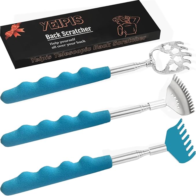 3 Pack Different Back Scratcher Metal Portable Telescoping Back scratchers, Extendable Back Massager Tool with Beautiful Box, Great Stocking Stuffers for Men Women Kids Adults（Blue）
