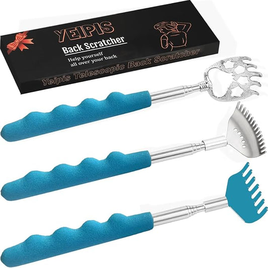 3 Pack Different Back Scratcher Metal Portable Telescoping Back scratchers, Extendable Back Massager Tool with Beautiful Box, Great Stocking Stuffers for Men Women Kids Adults（Blue）