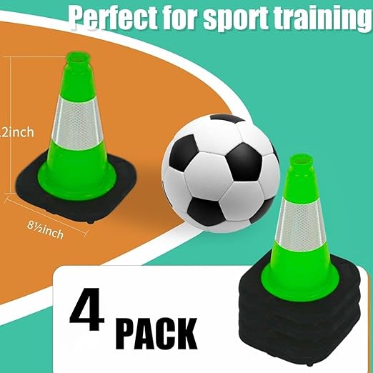 BESEA 4Pack 12 Inch Green Traffic Cones with 4 Inch Reflective Collar, Heavy Duty PVC Safety Cones with 8.5 x 8.5 Inch Base for Parking, Driving Practice, Sports Training, and Construction