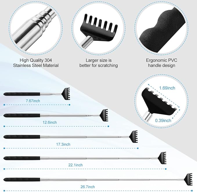 3 Pack Different Back Scratcher Metal Portable Telescoping with Rubber Handles, Extendable Back Massager Tool with Beautiful Box, Stocking Stuffers for Men Women Christmas Presents(Black)