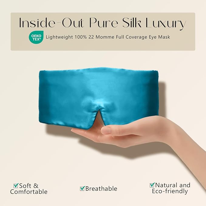 ZIMASILK 100% 22 Momme Mulberry Silk Sleep Mask - Full Silk Filled, Ultra-Soft & Breathable, Face-Hugging Blackout Eye Cover for Sleeping (Peacock Blue)