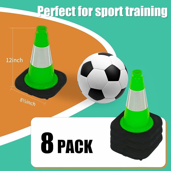 BESEA 12" inch Green Traffic Cones Safety Cones PVC Construction Cones with 4 inch Reflective Collar for Home Driveway Road Parking Use(8 Cones)