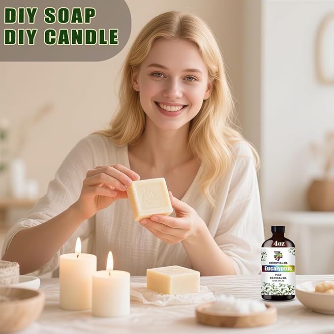 Eucalyptus Essential Oil (4 oz/120 ml) — Eucalyptus Oils for Aromatherapy, diffusers, humidifiers, Home fragrances, DIY Skincare, soap Making, DIY Candle, Relaxation, Yoga, and Meditation