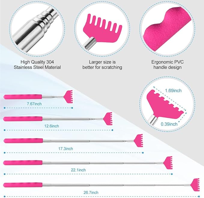 3 Pack Different Back Scratcher Metal Portable Telescoping Back scratchers with Rubber Handles, Extendable Back Massager Tool, Great Stocking Stuffers for Men Women Kids Adults（Pink）