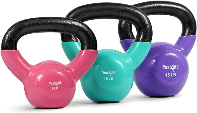 Yes4All Kettlebell, Vinyl Coated Kettlebell Cast Iron Sets with Stable Flat Bottom for Full Body Workout, Push up, Grip Strength Training & Weights Exercises