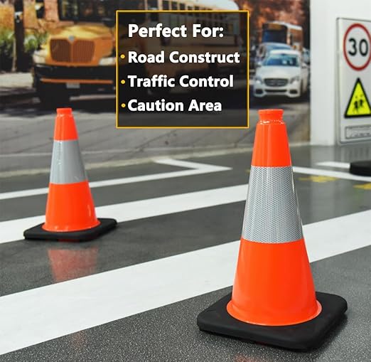 (8 Cones) BESEA 18" inch Traffic Cones Traffic Safety Cones Black Base Construction Road Parking Cone with 6" Highly Reflective Collar(8 Pack)