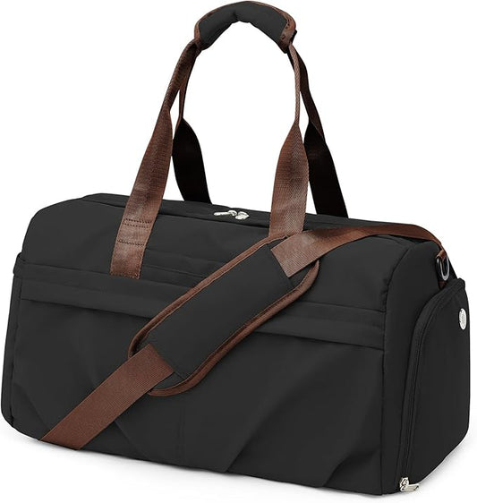 Gym Bag for Women Men with Shoe Compartment, Sport Duffel Bag, Waterproof Travel Weekender Overnight Carry on Bag for Yoga with Trolley Sleeve, Black Brown